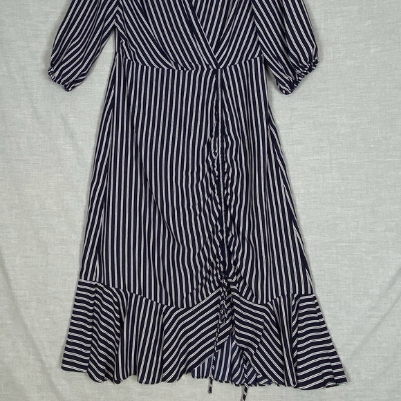 Chelsea 28 Midi Dress Cross Front Ruching Sz Large Navy Stripes - Picture 4 of 12